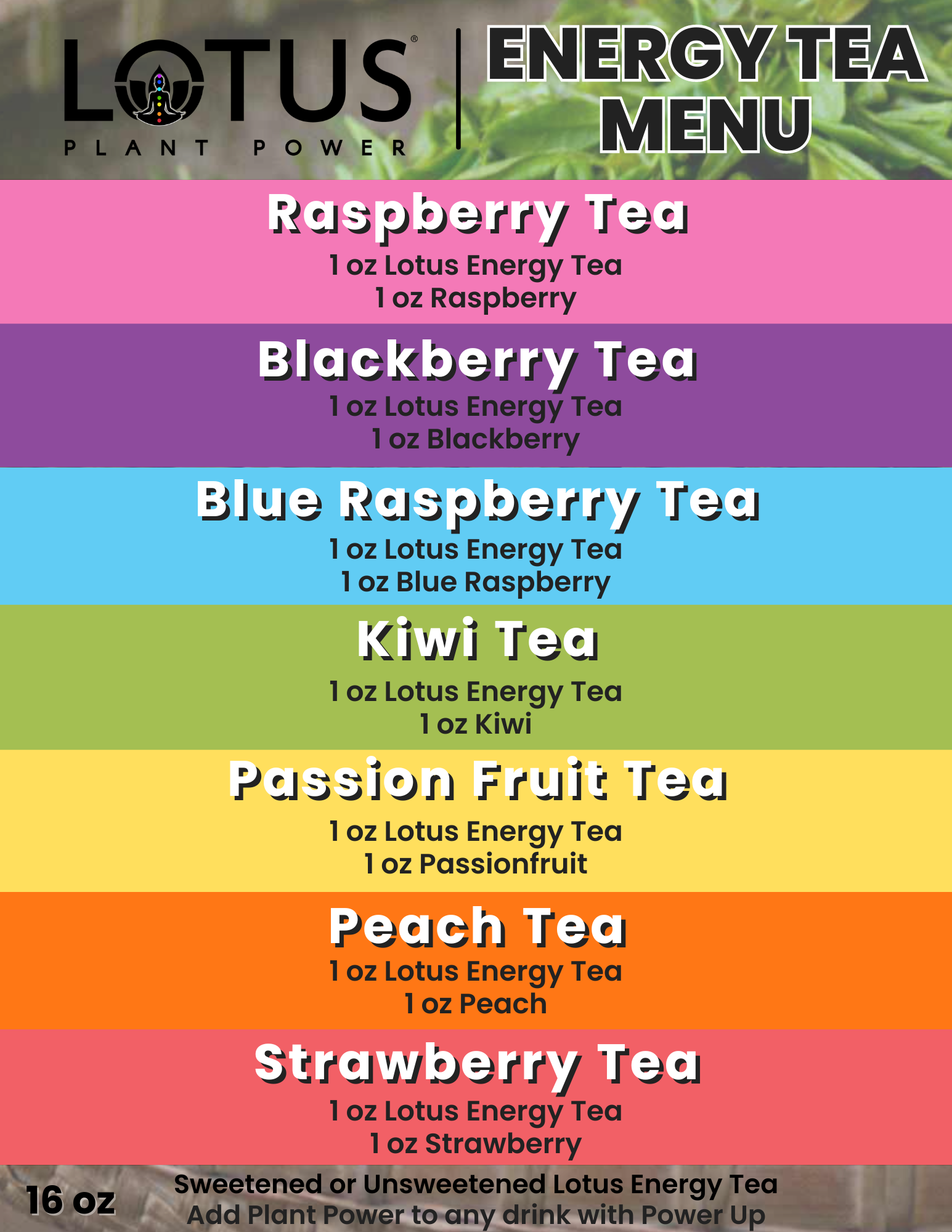 Lotus Energy Teas Menu