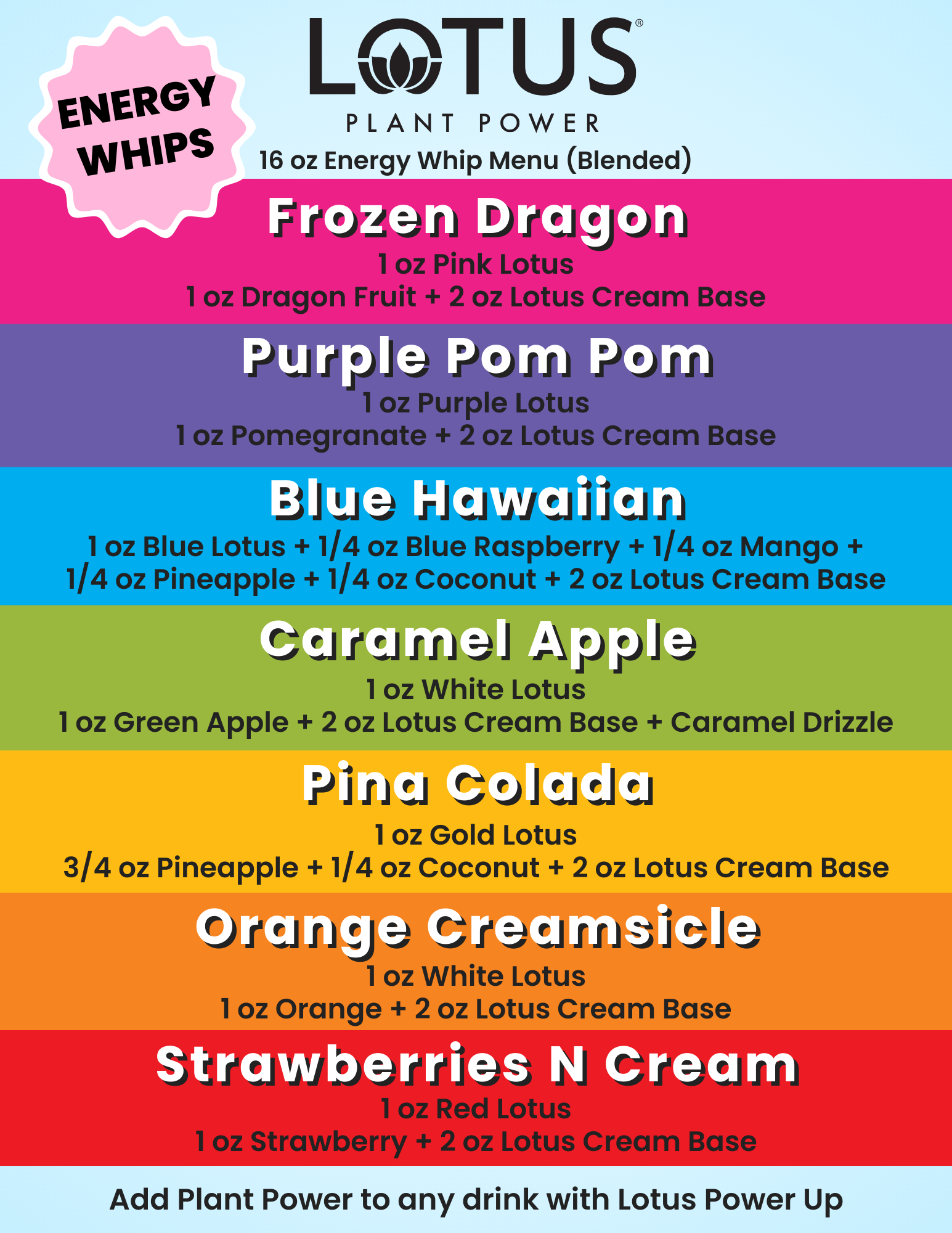 Lotus Energy Whips Menu