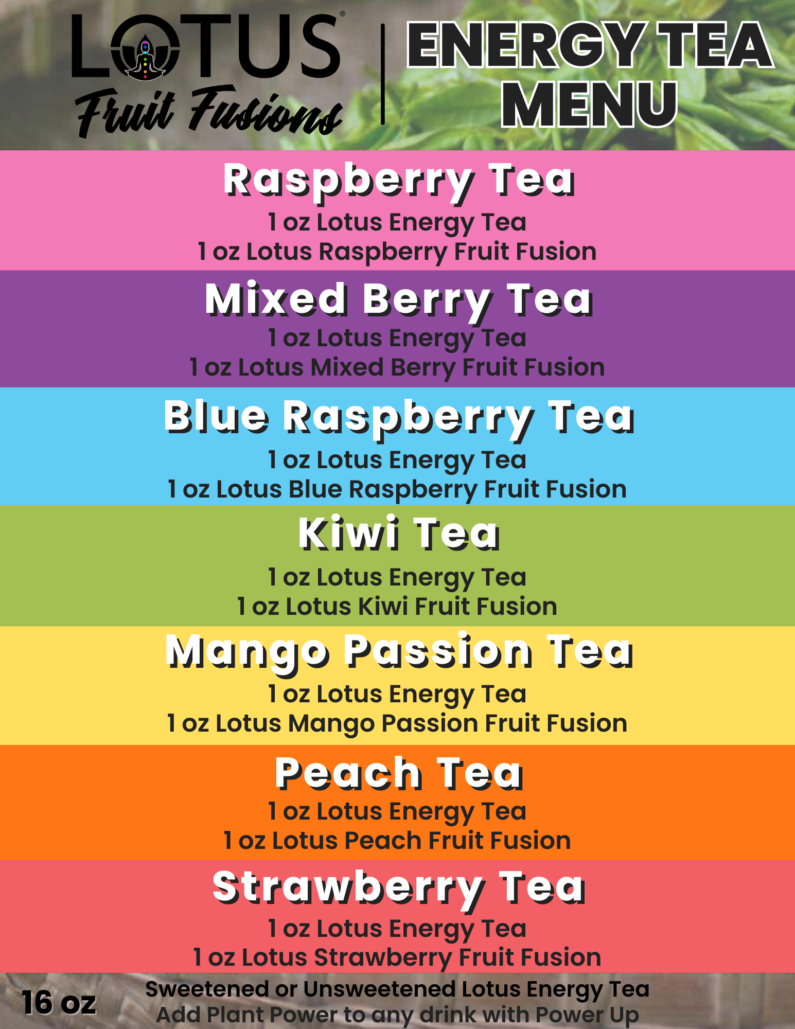 Lotus Fruit Fusion Energy Teas Menu