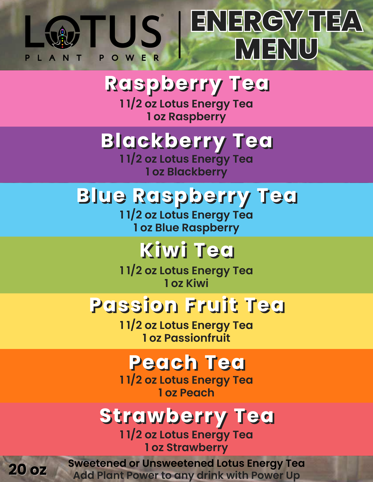 Lotus Energy Teas Menu
