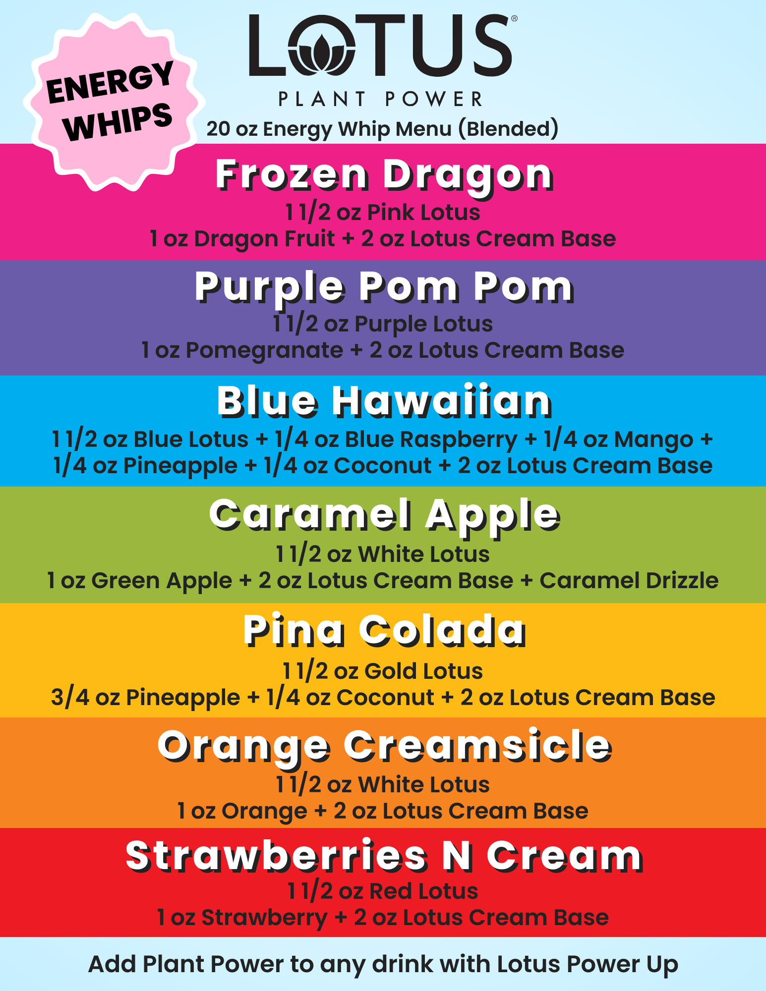 Lotus Energy Whips Menu