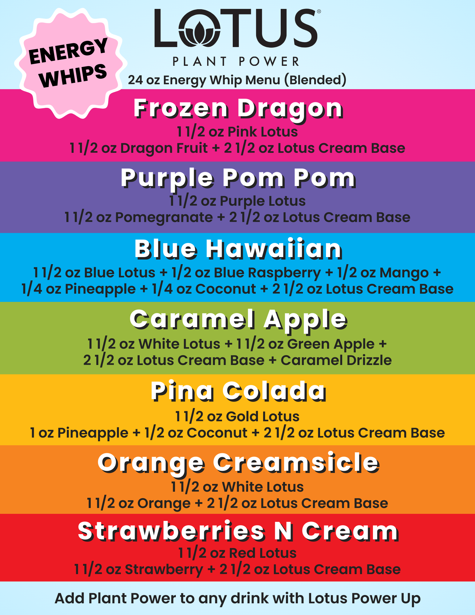 Lotus Energy Whips Menu
