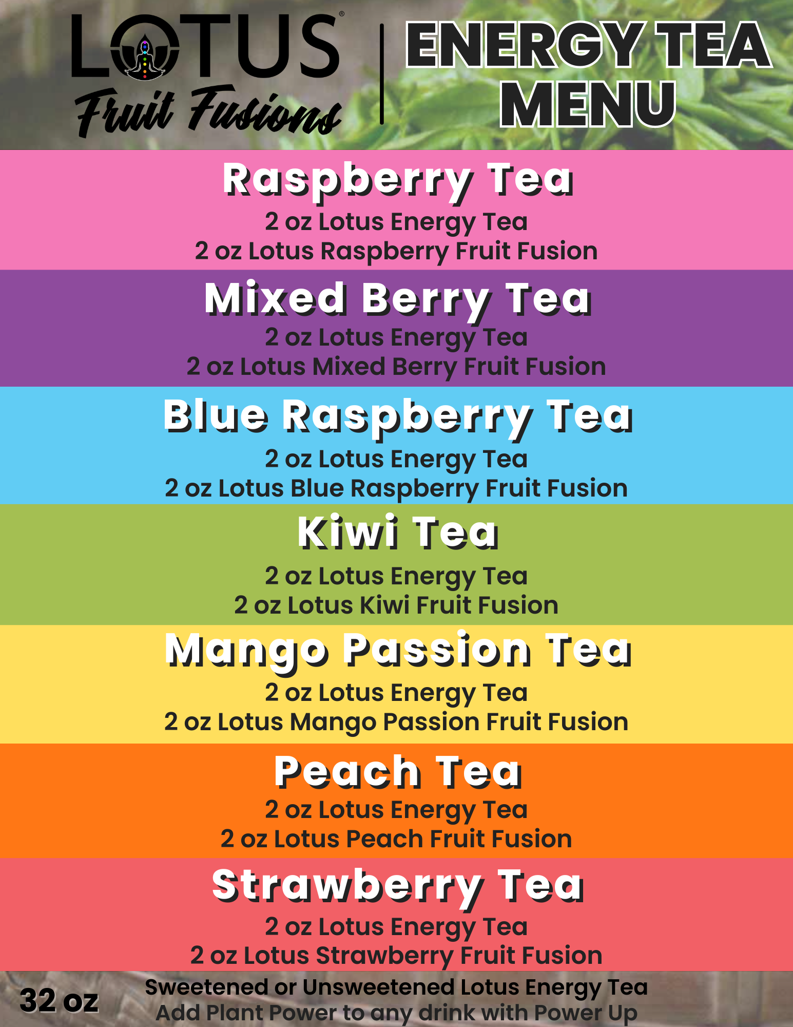 Lotus Fruit Fusion Energy Teas Menu