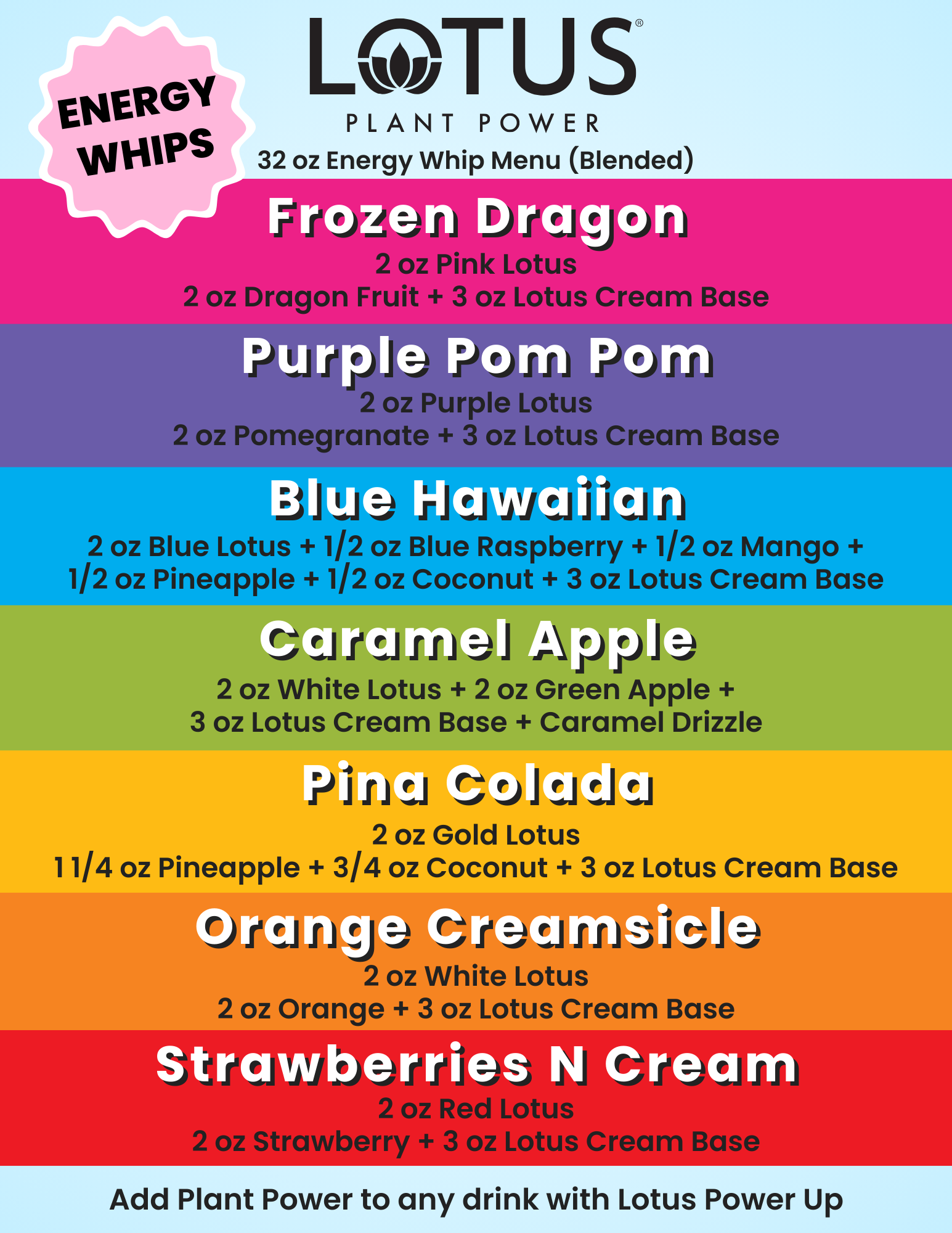 Lotus Energy Whips Menu