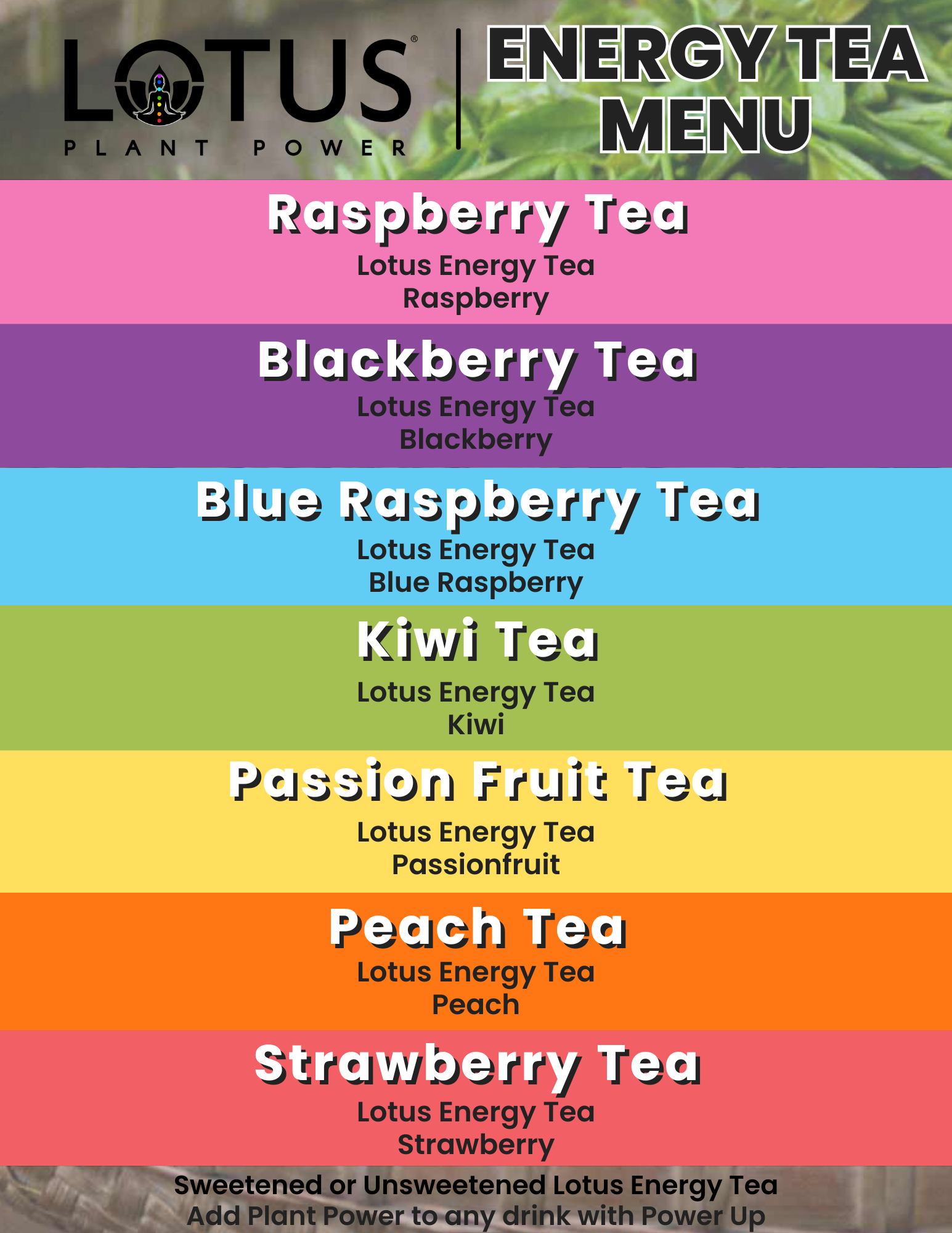 Lotus Energy Teas Menu