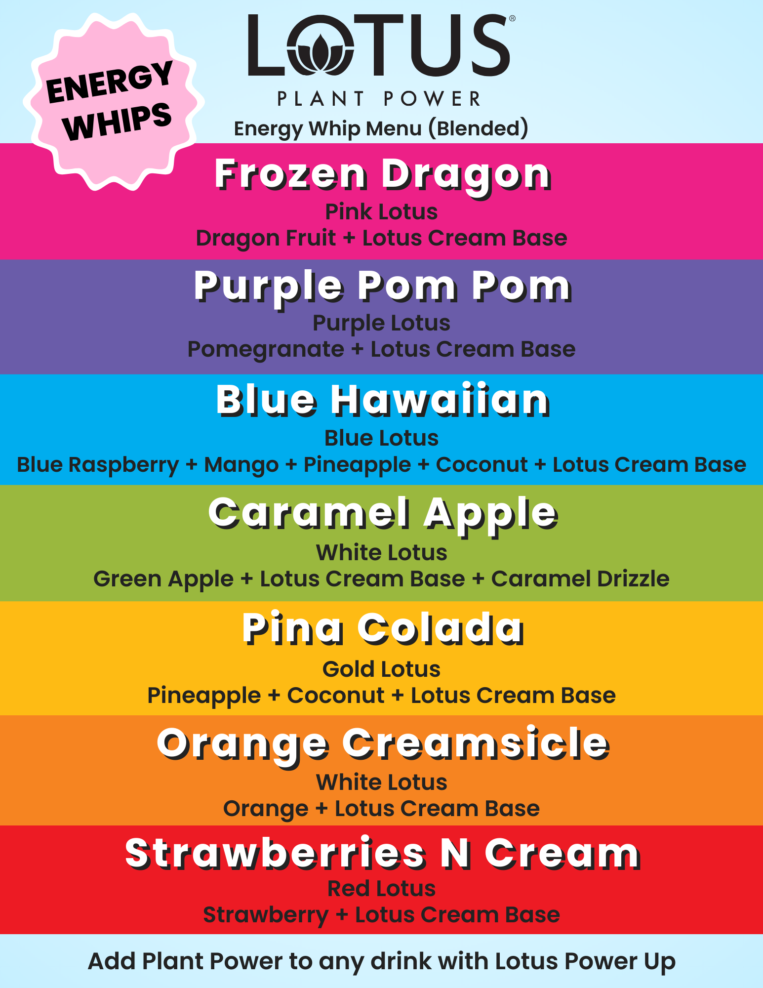 Lotus Energy Whips Menu