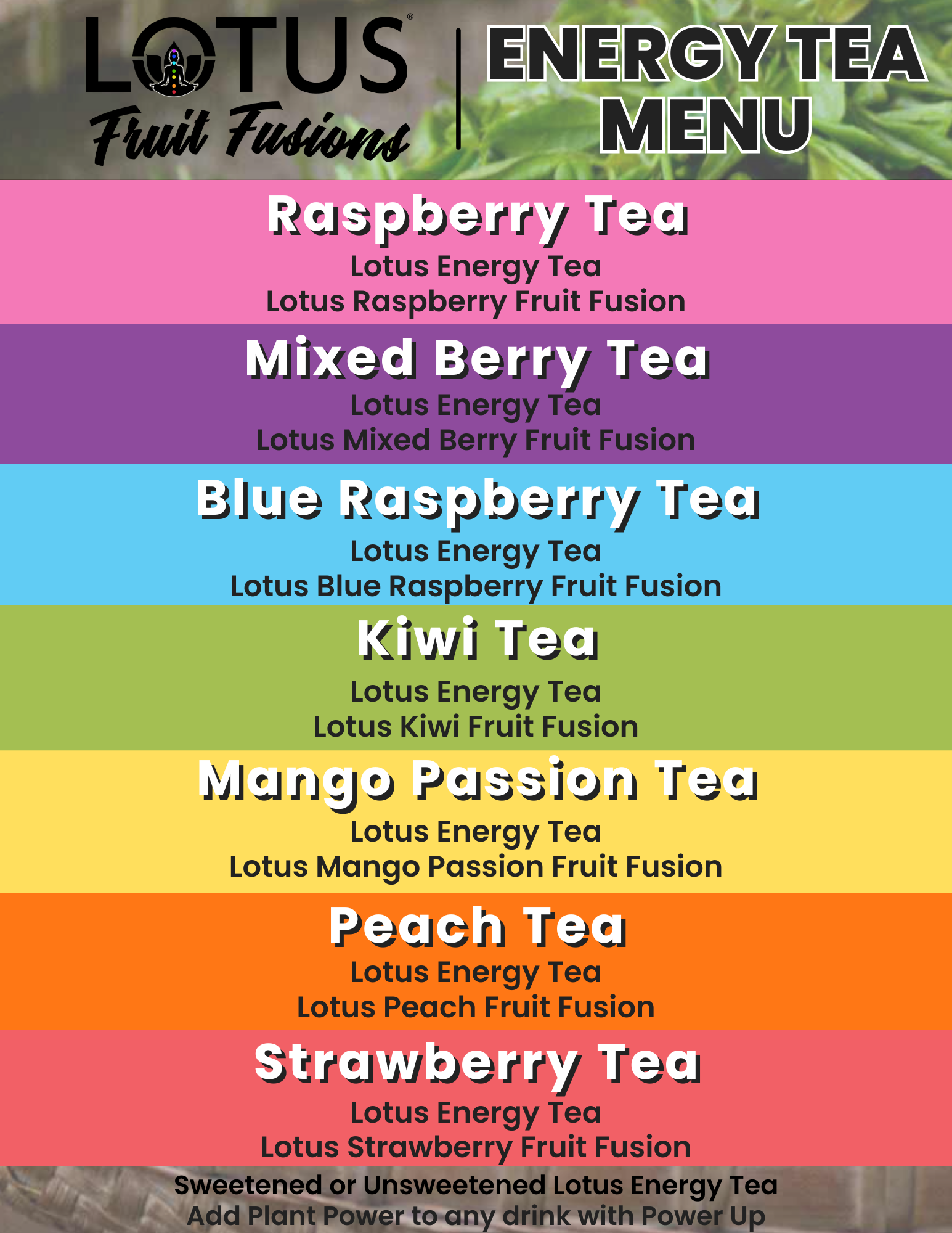 Lotus Fruit Fusion Energy Teas Menu